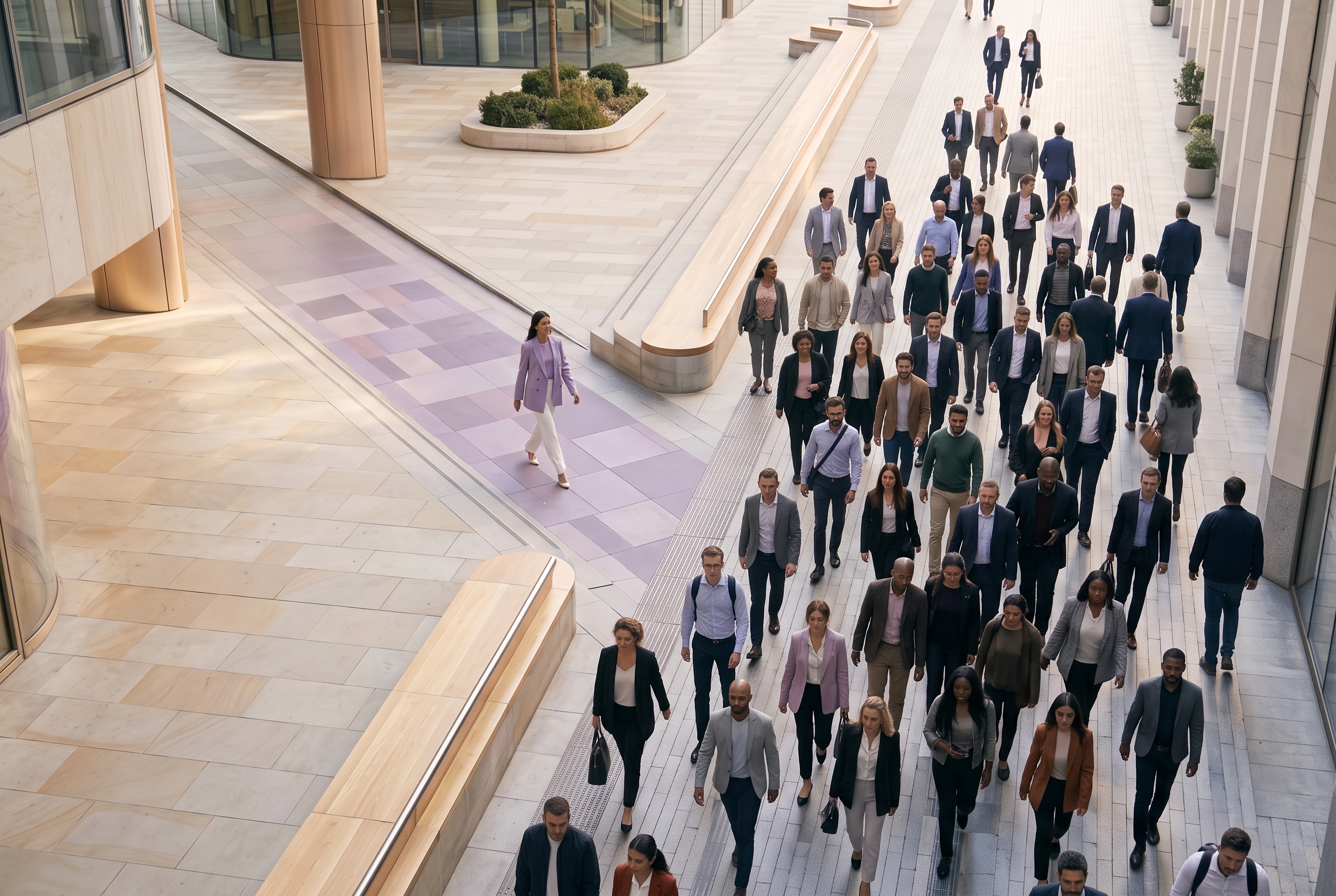 One woman walking alongside a crowd in a modern shopping centre